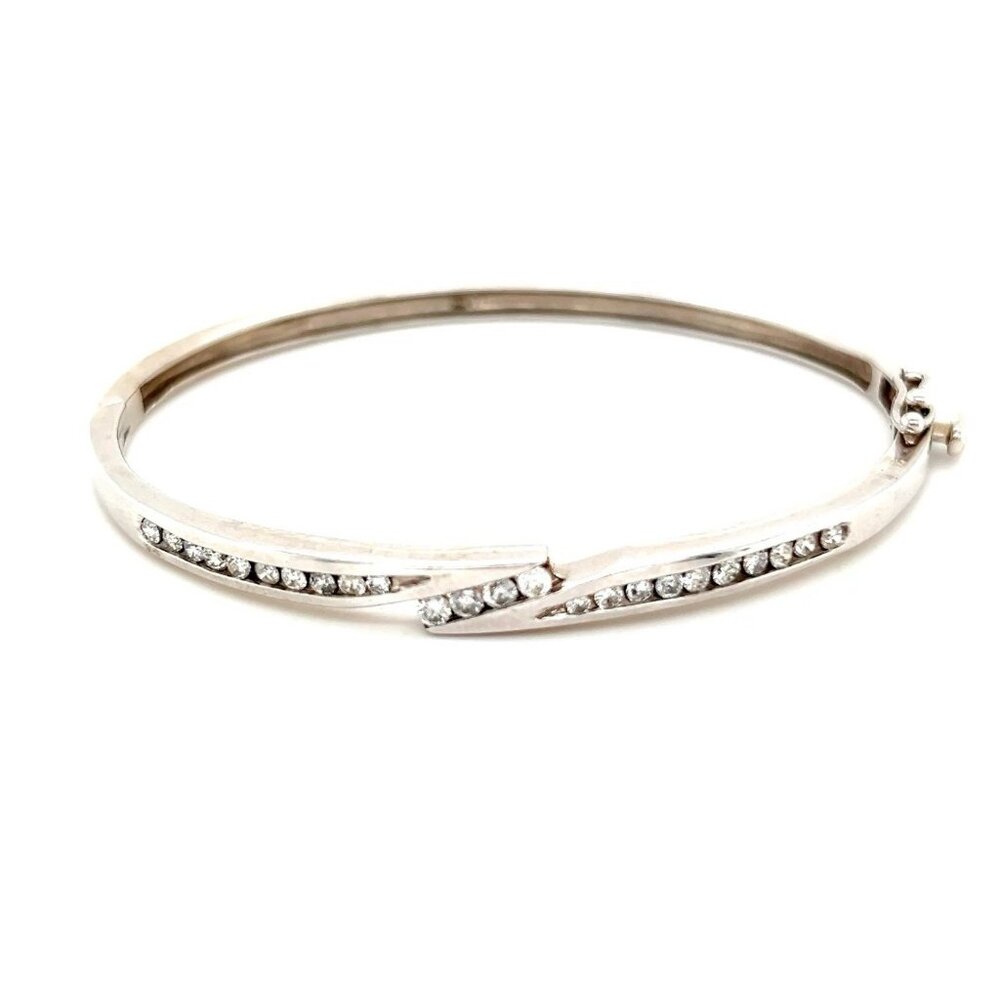 Stunning 14K White Gold‎ Diamond Bypass Design Bangle